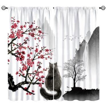 Imagem de Cortina japonesa, pintura a tinta tradicional retrô gato vermelho flor de cerejeira tratamentos de janela, cortinas com isolamento térmico para varão, conjunto de 2 painéis para quarto, sala de estar