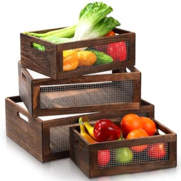 Imagem de FillTouch 4 cestos de madeira para bancada, caixa de armazenamento de madeira de 4 tamanhos, com alça e fio de metal, caixa organizadora de madeira multiuso para frutas, legumes, armário de cozinha