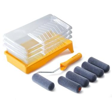 Imagem de Voomey Rolo de tinta de espuma, kit de cobertura de espuma mini flocada de 10 cm, rolos de tinta pequenos com bandeja e moldura de rolo para portas, acabamentos e armários