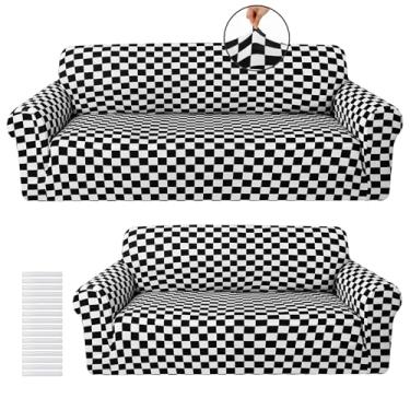 Imagem de Peryiter Conjunto de 2 capas protetoras de sofá de seda de leite e elastano para sofá, poltrona, poltrona, forma elástica, à prova de rugas (tabuleiro de xadrez preto e branco)