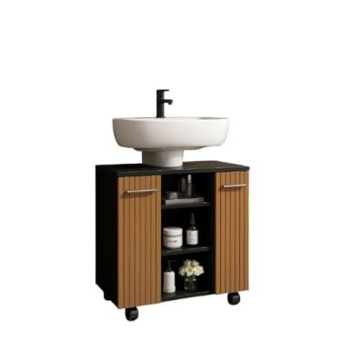 Imagem de Gabinete Armário Banheiro Pia De Coluna Premium - Cor(Preto/Ripa)