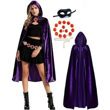 Imagem de Lyxaof Capa roxa com capuz de pelúcia feminina anime com capuz com máscara para os olhos corrente de cintura de pedra preciosa vermelha fantasia cosplay Halloween, Roxa, 110CM