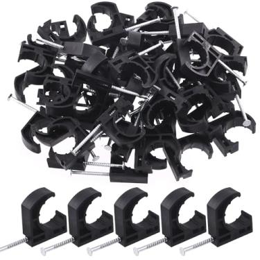 Imagem de Swpeet 50 peças de meia braçadeira de cor preta com kit de variedade de unhas, braçadeira J pequena de plástico meia fixação, ganchos de cabo Pex ideais para suporte de tubo PEX de 3/10.2 cm
