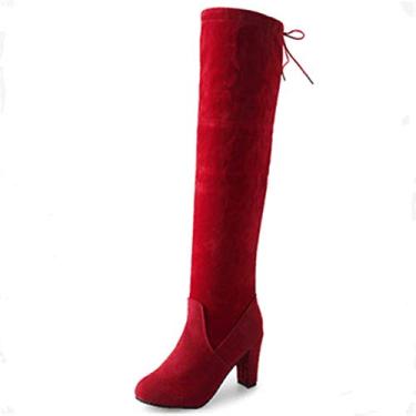 Imagem de Bigfanshu Botas femininas de outono e inverno camurça sintética acima do joelho femininas com cadarço sexy sapatos de salto alto fino botas cano alto botas casuais para uso ao ar livre botas de tornozelo e botinhas ocidentais, Vermelho, 4
