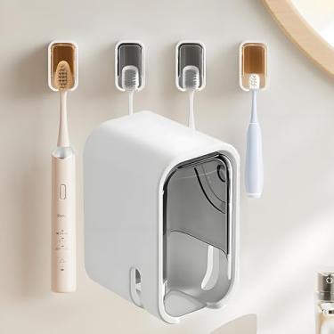 Imagem de Suportes de escova de dentes para banheiro montados na parede - Suporte de escova de dentes elétrico autoadesivo com tampa para chuveiro, organizador de armazenamento de dispensador de escova de