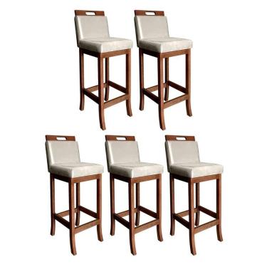Imagem de Kit 5 Banquetas Alta com Encosto Estofado Milão 104 Cm Madeira Maciça Suede Bege CCS