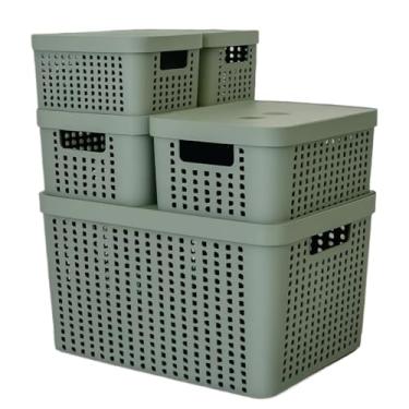 Imagem de Caixa Organizadora, Kit 5 Caixas Organizadoras com Tampa Cesto Grande de Plástico 2 Litros 4,5 Litros 17 Litros(Verde Menta)