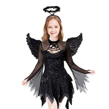 Imagem de Fantasia de ângulo caído para meninas, preto, vestido de festa chique com faixa de cabeça e asas (preto, 10-12 anos)