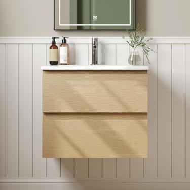 Imagem de Deer Valley Vaidade flutuante de banheiro de 61 cm, penteadeira de banheiro pré-montada de 61 cm com pia, 2 gavetas e trilho de fechamento suave, furos pré-perfurados, cor de madeira natural