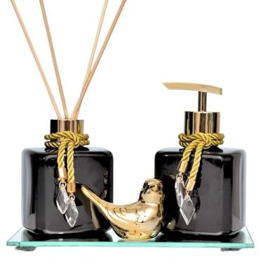 Imagem de Kit Lavabo Preto com Frascos PET 250ml e Bandeja Espelhada – Saboneteira Pump e Difusor com Passarinho Decorativo