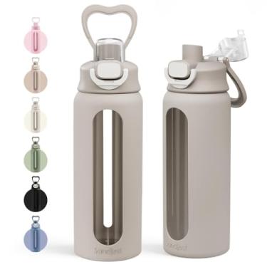 Imagem de SANDJEST Garrafa de água de vidro com manga de silicone 680 g com tampa, marcador de tempo motivacional, garrafas de vidro de hidratação para homens e mulheres, esportes de viagem na academia (cinza)