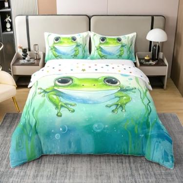 Imagem de Jogo de cama casal 100% algodão fofo sapo, aquarela azul verde, 3 peças, capa de edredom de animais selvagens subaquáticos para decoração de quarto de crianças, meninas, meninos e adolescentes, capa