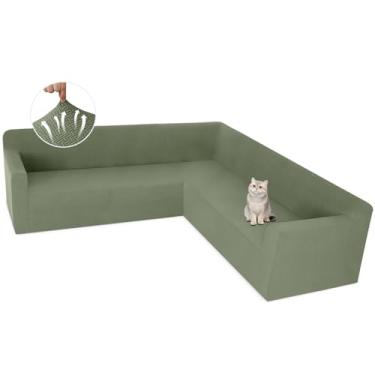 Imagem de ALIECOM Capas de sofá seccionais de canto elástico em forma de L, capas seccionais laváveis, em formato de U, jacquard, sala de estar, cães, protetor de móveis com fundo elástico (verde claro, meio)