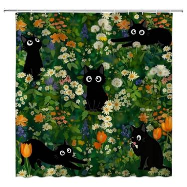 Imagem de AEMBEE Cortina de chuveiro de gato fofo Gnomo Coração Folhas Azuis Tecido Doce Casal Cortinas Decorativas de Banheiro com Ganchos, 177 cm L L x 180 A