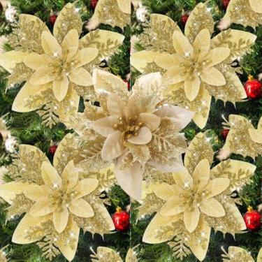 Imagem de 5 peças de flores de Natal artificiais com glitter com clipes para enfeite de árvore de Natal, flor falsa, floral, festa de ano novo, decoração de casa (ouro)
