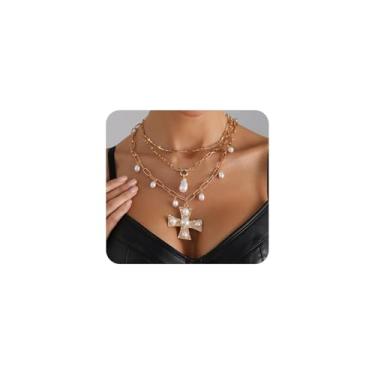 Imagem de Colar de pérolas barrocas de ouro em camadas com cruz grande para mulheres, colar com contas de pérolas, colares grossos e ousados, joias grossas, presentes, Large, Liga de aço, Sem Pedra Preciosa