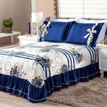 Imagem de Cobre Leito Isabela Casal 3 Pecas - Floral Azul Marinho.