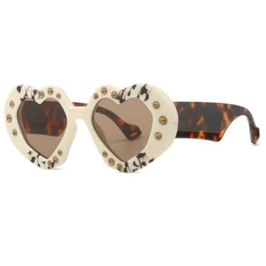 Imagem de Óculos de Sol Femininos de Luxo em Formato de Coração com Diamantes e Strass (C9Bege-Marrom)