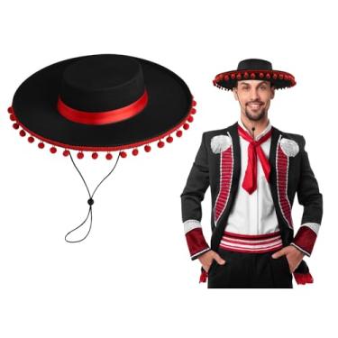 Imagem de Nicky Bigs Novelties Chapéu de toureiro adulto Matador – Chapéu da banda Mariachi – Chapéu espanhol – boné de flamenco mexicano preto e vermelho – chapéu do Dia dos Mortos, preto/vermelho, tamanho