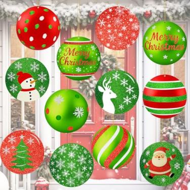 Imagem de Soulchen 12 peças de decorações de Natal grandes de 23 cm para uso ao ar livre, enfeites de pendurar dupla face, plástico, vermelho, verde e branco, decorações de jardim de Natal para gramado, varanda