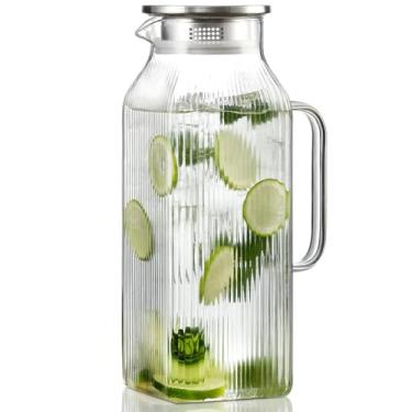 Imagem de Jarra de vidro quadrada de 2 litros com tampa, jarra de água clássica com alça para geladeira, jarro grande para chá gelado, café, jarra de vidro borossilicato para bebida quente/fria, prata