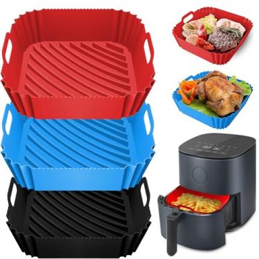 Imagem de OAWEEN 3 peças de forros de silicone para fritadeira a ar reutilizável, quadrado, 21 cm, cesta de airfryer engrossada para bandeja de cozimento de 4 a 7 QT, acessórios de utensílios de cozinha