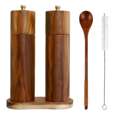 Imagem de Conjunto de moedor de sal e pimenta de madeira, moedor manual de 20 cm, moedor de especiarias recarregável com base, colher e pincel para uso na cozinha
