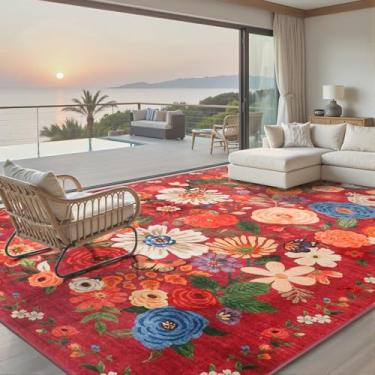 Imagem de Babovid Tapetes de área 25,5 x 35,5 cm, tapetes florais antiderrapantes laváveis na máquina, tapete grande e leve para quarto, sala de jantar, escritório em casa (25 x 35, jardim vermelho)