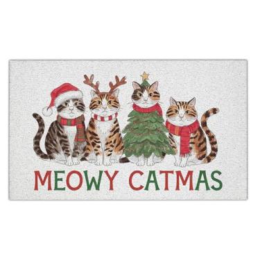 Imagem de Yhtrg Tapete engraçado de Natal para gatos, presentes Meowy Catmas para amantes de gatos, Meowy Catmas 43 x 76 cm capacho antiderrapante para sala de estar, tapete de porta de entrada, quarto, cozinha
