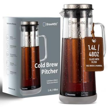 Imagem de BrewMOO Cafeteira Cold Brew e máquina de chá gelado (1,4 L/1,360 g) – Jarra de vidro borossilicato ondulada elegante, filtro de aço inoxidável, embalagem acolchoada com espuma, manual + receitas