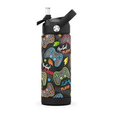 Imagem de Garrafa de água para meninos com canudo, copos com isolamento de 510 g de aço inoxidável à prova de vazamento para escola, esporte e viagem (jogo)