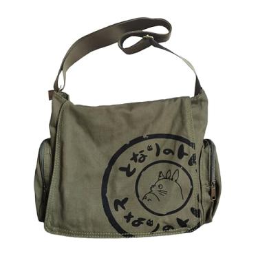 Imagem de Zxtvmn Bolsas mensageiro japonesas de lona My Neighbor 2012 com desenho animado para estudantes bolsas transversais com vários bolsos, compatível com a bolsa My neighbor totoro (cáqui)