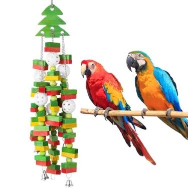 Imagem de Brinquedo de papagaio para o Natal, blocos de madeira com sinos, formato de árvore colorida, presente seguro para araras, eclectus e cacatuas