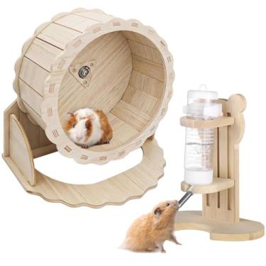 Imagem de Conjunto de 2 rodas silenciosas de madeira para hamster e garrafa de água para hamster, roda de porquinho-da-índia de 21,8 cm com suporte ajustável para gerbil, sírio e anão, chinchila e mais animais