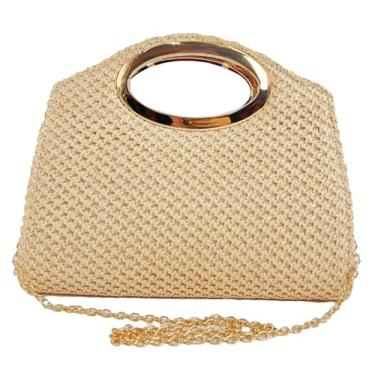 Imagem de Bolsa feminina de praia de palha 2025 de crochê, bolsa tiracolo para casamento, listrada, laço de verão, flip top, Cáqui sólido