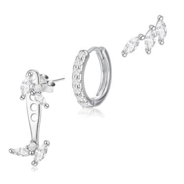 Imagem de FANZE Conjunto de 3 pares de brincos de argola para mulheres, corrente delicada, ouro, prata, conjunto de brincos para vários piercings hipoalergênicos, joias modernas, presente, Zircônia cúbica