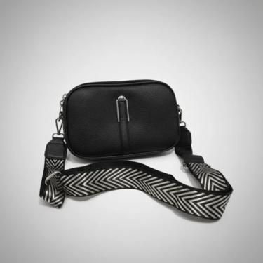 Imagem de Bolsa Transversal Feminina Premium, Couro Sintético, Alça Estampada Chevron, Impermeável, Design Luxo, Preta e Bege (Preta)