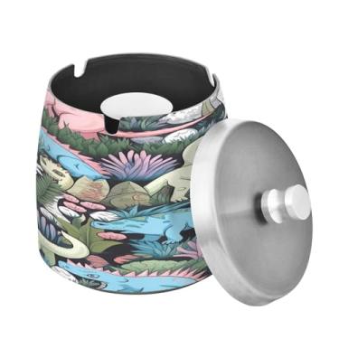 Imagem de Blueangle Cinzeiro colorido de dinossauro com tampa para cigarros, à prova de vento/chuva, aço inoxidável, sem fumaça, inodoro, cinzeiro para uso interno ou externo (595)