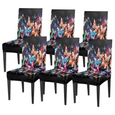 Imagem de Conjunto de 6 capas elásticas para cadeira de sala de jantar, capa protetora de assento de animal, borboleta, colorida, lavável, para cozinha, casa, hotel, banquete, festa de casamento, cerimônia