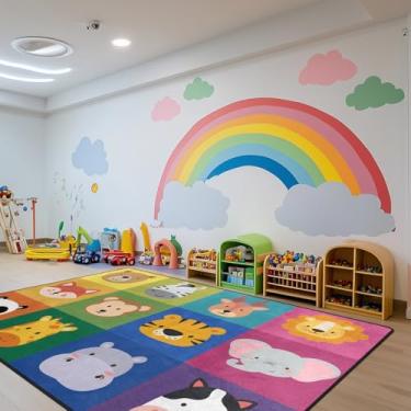 Imagem de Tapetes quadrados para sala de aula, tapete infantil de 1,8 x 2,5 m com suporte de borracha, quadrados coloridos e desenhos animados, tapete para sala de aula, tapete para berçário para sala de jogos