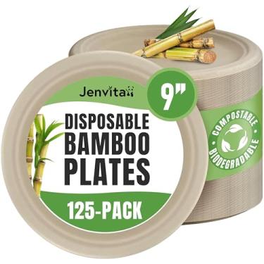 Imagem de Ibambo Pacote com 125 pratos descartáveis de papel de bambu (23 cm) – Placas resistentes e resistentes | Sem PFAS, pratos biodegradáveis e compostáveis | Seguro para micro-ondas, alternativa ecológica