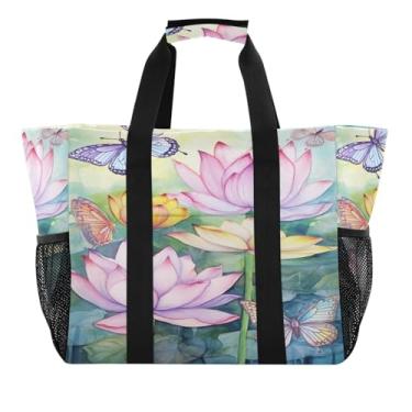 Imagem de Wassud Butterflies and Lotus Sacolas de mercearia reutilizáveis grande bolsa organizadora de lona impermeável para praia, piquenique, lavanderia, viagem