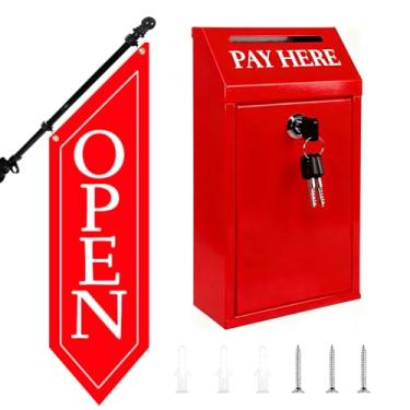 Imagem de Caixa de dinheiro de metal com chave SAFELocking – Cofre de coleção de dinheiro de 25,9 x 14,5 x 7,1 cm para suporte de fazenda ou varejo – Kit de bandeira aberta com mastro e suporte, placa aberta de