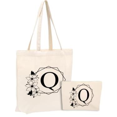 Imagem de Bolsa de lona inicial, presentes personalizados, adequada para casamento, aniversário, praia, férias, trabalho, dia das mães, conjunto de sacolas de cosméticos de Natal e sacola de presente monograma