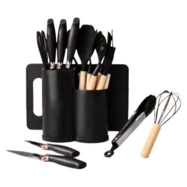 Imagem de Kit Completo Jogo Utensílios de Cozinha Luxo 19 Peças Com Tábua em Silicone Espátula Faca Tesoura