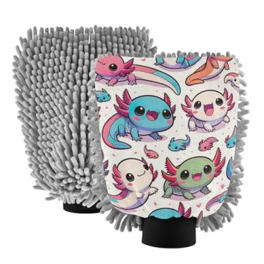 Imagem de ODAWA Luva de microfibra durável para lavagem de carro, pacote com 2, desenho animado Axolotl fofo, 20,5 cm C x 30 cm L