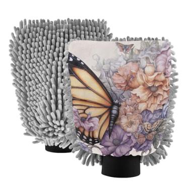 Imagem de ODAWA Luvas de limpeza de carro chenille, borboleta e flores para lavagem de carro para canhão de espuma, pacote com 2 20,5 x 30 cm