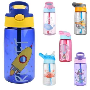 Imagem de Garrafa Infantil Antivazamento 480ml com Canudo Retratil Garrafinha Infantil Escolar Resistente (Azul Foguete)