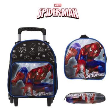 Imagem de Kit Mochila Homem Aranha Creche de Rodinhas Preta Passeio - Toys 2U
