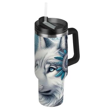 Imagem de Copos de aço inoxidável com tampa e canudo apanhador de sonhos e copos de café quente de lobo para carro copo térmico de 1,134 g com alça garrafa de água isolada